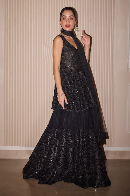Buy_Twenty Nine_Black Tulle Mirrors Applique Layered Lehenga 