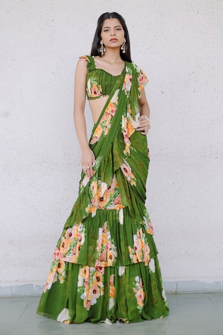 Foram Patel Floral Print Pre-Draped Saree With Blouse 