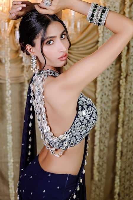 Shop_Foram Patel_Blue Net, Georgette Cut Work, Mirrors, Navy Embroidered Pre-draped Saree_Online_at_Aza_Fashions