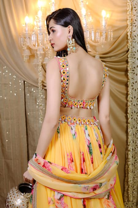 Shop_Foram Patel_Yellow Organza, Net Beads, Mirrors, Embroidery Polo Floral Print Lehenga Set_at_Aza_Fashions