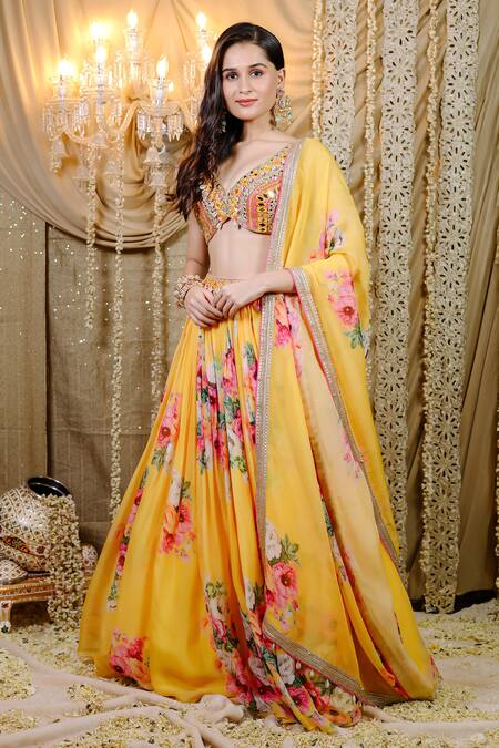 Foram Patel_Yellow Organza, Net Beads, Mirrors, Embroidery Polo Floral Print Lehenga Set_Online_at_Aza_Fashions