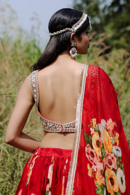 Shop Foram Patel Silver Organza, Net Cut Work, Beads, Mirrors, Floral Print Red Lehenga Set at Aza Fashions Shop_Foram Patel_Silver Organza, Net Cut Work, Beads, Mirrors, Floral Print Red Lehenga Set_at_Aza_Fashions