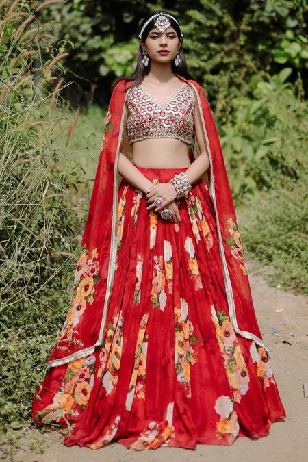 Foram Patel Silver Organza, Net Cut Work, Beads, Mirrors, Floral Print Red Lehenga Set Online at Aza Fashions Foram Patel_Silver Organza, Net Cut Work, Beads, Mirrors, Floral Print Red Lehenga Set_Online_at_Aza_Fashions