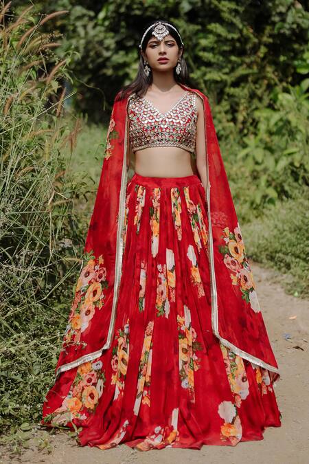 Shop Foram Patel Silver Organza, Net Cut Work, Beads, Mirrors, Floral Print Red Lehenga Set Online at Aza Fashions Shop_Foram Patel_Silver Organza, Net Cut Work, Beads, Mirrors, Floral Print Red Lehenga Set_Online_at_Aza_Fashions