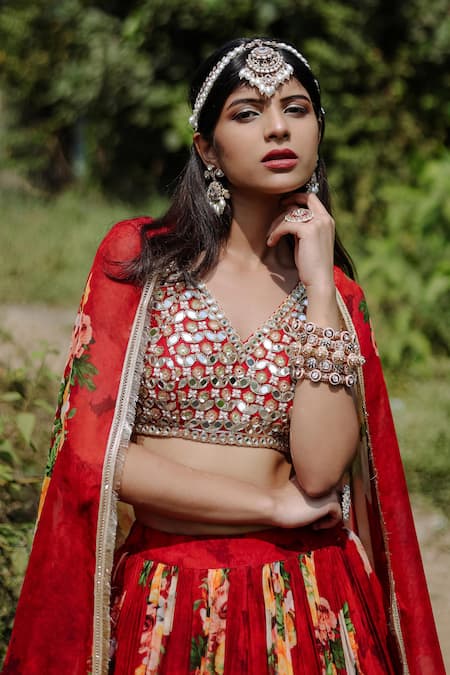 Foram Patel Silver Organza, Net Cut Work, Beads, Mirrors, Floral Print Red Lehenga Set at Aza Fashions Foram Patel_Silver Organza, Net Cut Work, Beads, Mirrors, Floral Print Red Lehenga Set_at_Aza_Fashions