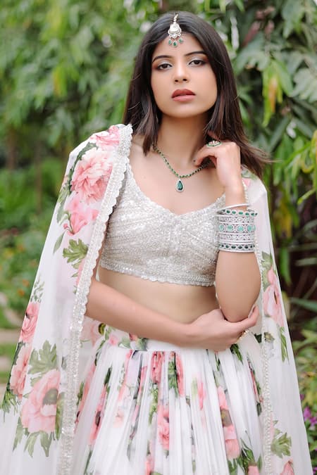 Buy_Foram Patel_Silver Organza, Net Cut Work, Embroidery Floral Rose Bloom Lehenga Set _Online_at_Aza_Fashions