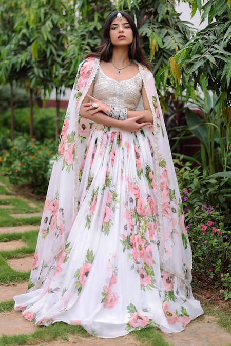 Shop_Foram Patel_Silver Organza, Net Cut Work, Embroidery Floral Rose Bloom Lehenga Set _Online_at_Aza_Fashions