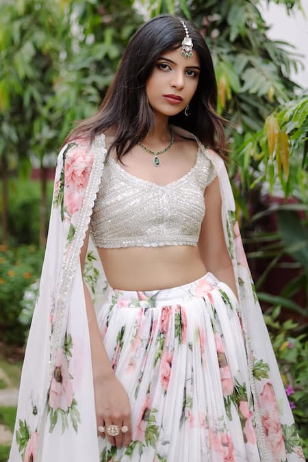 Foram Patel_Silver Organza, Net Cut Work, Embroidery Floral Rose Bloom Lehenga Set _at_Aza_Fashions