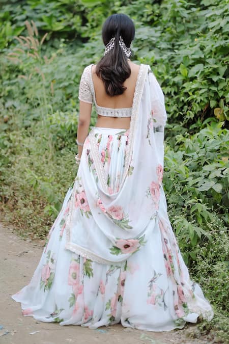 Shop_Foram Patel_Blue Organza, Net Beads, Mirrors, Cut Work Floral Vine Print Lehenga Set _at_Aza_Fashions