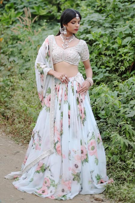 Foram Patel_Blue Organza, Net Beads, Mirrors, Cut Work Floral Vine Print Lehenga Set _Online_at_Aza_Fashions