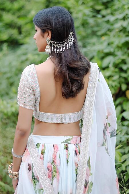 Buy_Foram Patel_Blue Organza, Net Beads, Mirrors, Cut Work Floral Vine Print Lehenga Set _Online_at_Aza_Fashions