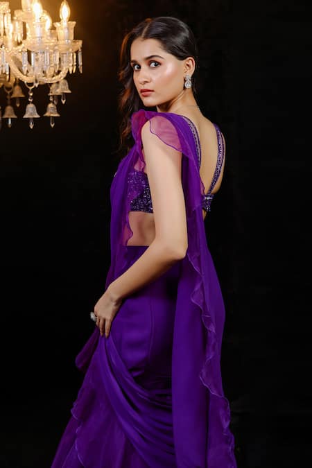 Shop_Foram Patel_Purple Organza, Net, Georgette Mirrors, Cut Work, Ruffled Pre-draped Saree Set_at_Aza_Fashions