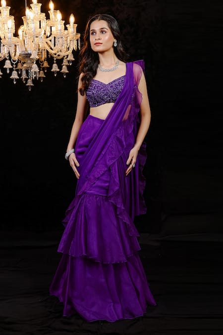 Foram Patel_Purple Organza, Net, Georgette Mirrors, Cut Work, Ruffled Pre-draped Saree Set_Online_at_Aza_Fashions