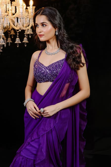 Buy_Foram Patel_Purple Organza, Net, Georgette Mirrors, Cut Work, Ruffled Pre-draped Saree Set_Online_at_Aza_Fashions