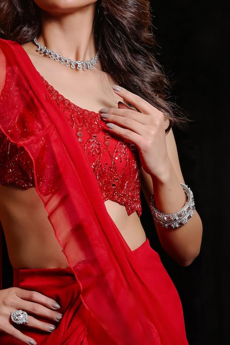 Foram Patel Red Organza, Net, Georgette Cut Work, Mirrors, Pre-draped Ruffle Saree Set Online at Aza Fashions Foram Patel_Red Organza, Net, Georgette Cut Work, Mirrors, Pre-draped Ruffle Saree Set_Online_at_Aza_Fashions