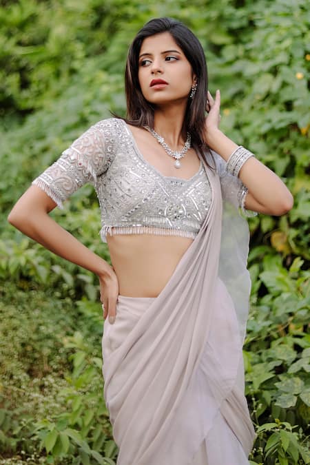 Foram Patel_Gray Organza, Net, Georgette Crystals, Cut Grey Mermaid Pre-draped Saree Set_Online_at_Aza_Fashions