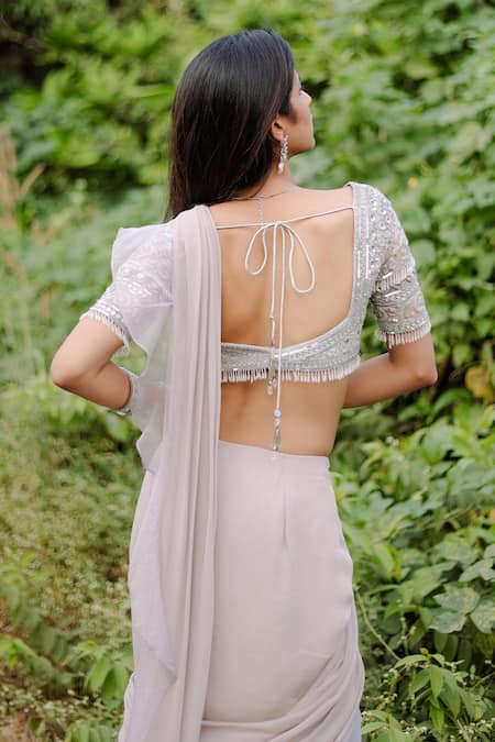 Shop_Foram Patel_Gray Organza, Net, Georgette Crystals, Cut Grey Mermaid Pre-draped Saree Set_Online_at_Aza_Fashions