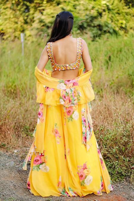Shop_Foram Patel_Yellow Net, Georgette Mirrors Floral Work Gharara Set_at_Aza_Fashions