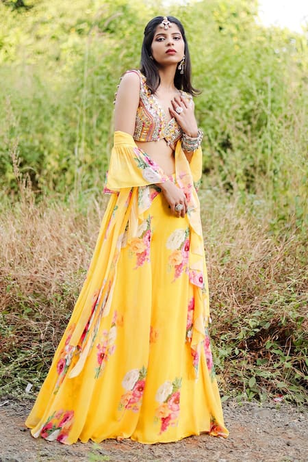 Foram Patel_Yellow Net, Georgette Mirrors Floral Work Gharara Set_Online_at_Aza_Fashions