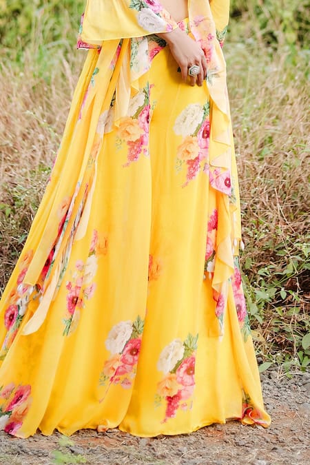 Buy_Foram Patel_Yellow Net, Georgette Mirrors Floral Work Gharara Set_Online_at_Aza_Fashions