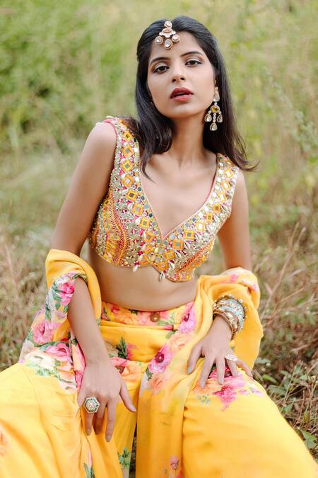 Foram Patel_Yellow Net, Georgette Mirrors Floral Work Gharara Set_at_Aza_Fashions