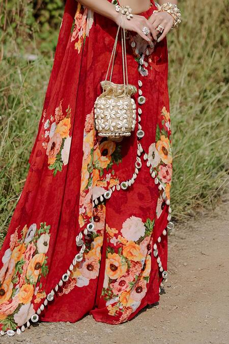 Foram Patel_Red Net, Georgette Mirrors Scoop Neck Floral Print Cape Gharara Set _Online_at_Aza_Fashions