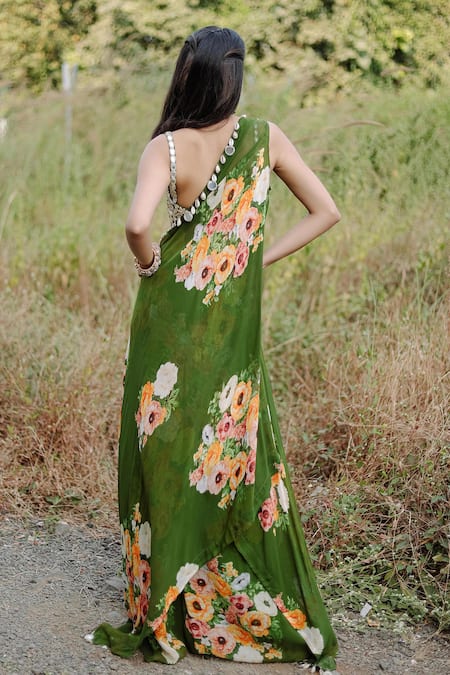 Shop_Foram Patel_Green Net, Georgette Embroidery, Zari Scoop Neck Floral Print Cape And Gharara Set_at_Aza_Fashions