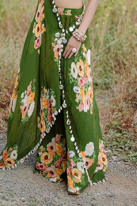 Foram Patel_Green Net, Georgette Embroidery, Zari Scoop Neck Floral Print Cape And Gharara Set_Online_at_Aza_Fashions