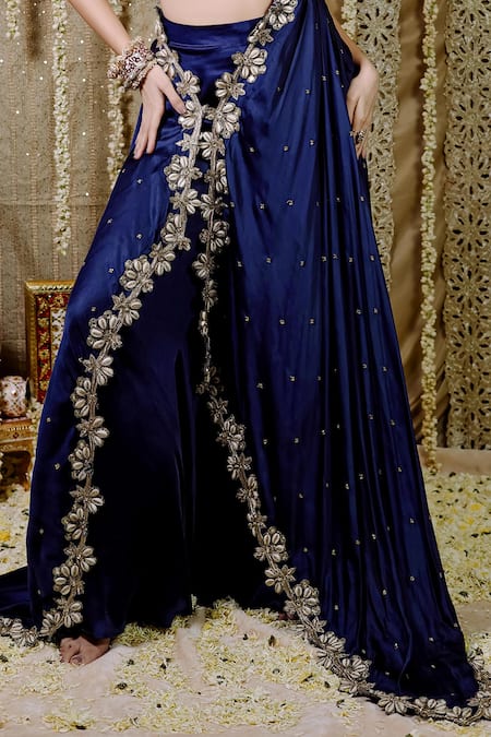 Foram Patel_Blue Crepe Mirrors, Embroidery Square Neck And Cowrie Embellished Cape & Pant Set_Online_at_Aza_Fashions