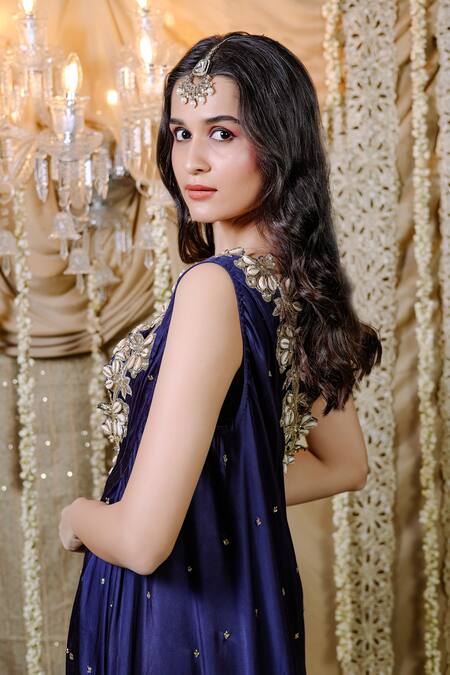 Shop_Foram Patel_Blue Crepe Mirrors, Embroidery Square Neck And Cowrie Embellished Cape & Pant Set_Online_at_Aza_Fashions