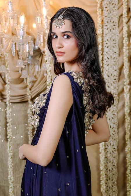 Foram Patel_Blue Crepe Mirrors, Embroidery Square Neck And Cowrie Embellished Cape & Pant Set_at_Aza_Fashions