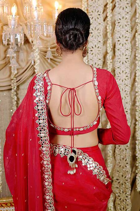 Foram Patel Red Silk, Net, Organza Mirrors, Crystals Cowrie Embellished Pre-draped Saree Set Online at Aza Fashions Foram Patel_Red Silk, Net, Organza Mirrors, Crystals Cowrie Embellished Pre-draped Saree Set_Online_at_Aza_Fashions