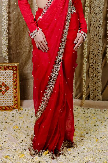 Shop Foram Patel Red Silk, Net, Organza Mirrors, Crystals Cowrie Embellished Pre-draped Saree Set Online at Aza Fashions Shop_Foram Patel_Red Silk, Net, Organza Mirrors, Crystals Cowrie Embellished Pre-draped Saree Set_Online_at_Aza_Fashions
