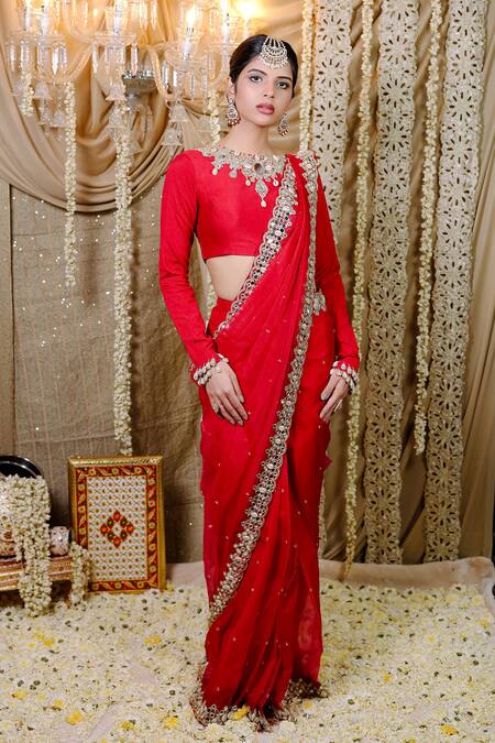 Foram Patel Red Silk, Net, Organza Mirrors, Crystals Cowrie Embellished Pre-draped Saree Set at Aza Fashions Foram Patel_Red Silk, Net, Organza Mirrors, Crystals Cowrie Embellished Pre-draped Saree Set_at_Aza_Fashions