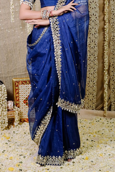 Foram Patel_Blue Silk, Organza, Net Mirrors, Beads Boat Cowrie Embellished Pre-draped Saree_Online_at_Aza_Fashions