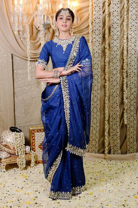 Buy_Foram Patel_Blue Silk, Organza, Net Mirrors, Beads Boat Cowrie Embellished Pre-draped Saree_Online_at_Aza_Fashions