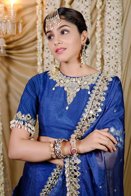 Shop_Foram Patel_Blue Silk, Organza, Net Mirrors, Beads Boat Cowrie Embellished Pre-draped Saree_Online_at_Aza_Fashions