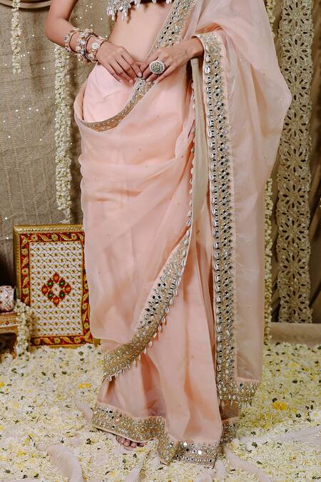 Foram Patel_Peach Silk, Organza, Net Mirrors, Stones Flora Embellished Pre-draped Saree Set_Online_at_Aza_Fashions