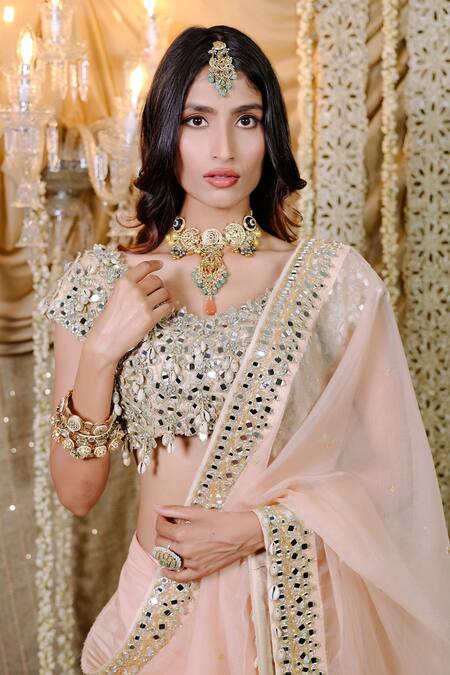 Buy_Foram Patel_Peach Silk, Organza, Net Mirrors, Stones Flora Embellished Pre-draped Saree Set_Online_at_Aza_Fashions