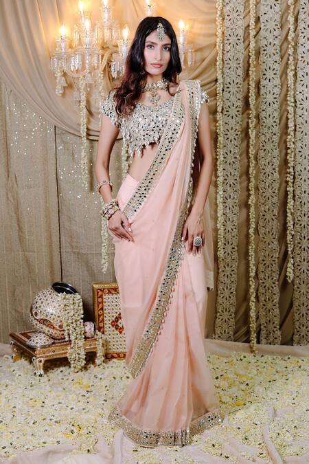 Shop_Foram Patel_Peach Silk, Organza, Net Mirrors, Stones Flora Embellished Pre-draped Saree Set_Online_at_Aza_Fashions