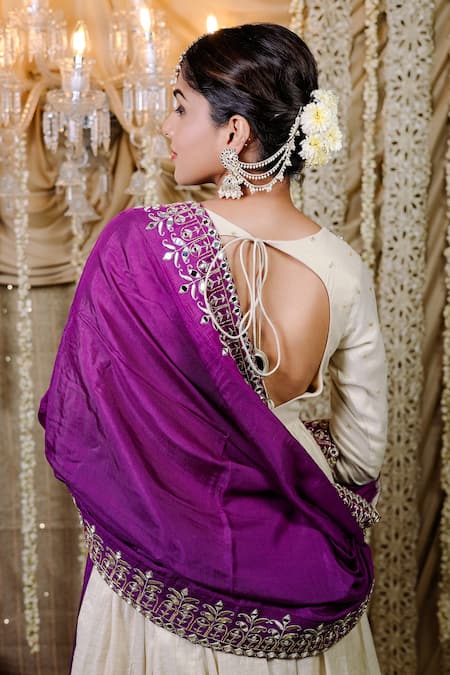 Shop Foram Patel Ivory Crepe, Cotton Embroidery, Mirrors Boat Neck Phool Anarkali Set at Aza Fashions Shop_Foram Patel_Ivory Crepe, Cotton Embroidery, Mirrors Boat Neck Phool Anarkali Set_at_Aza_Fashions