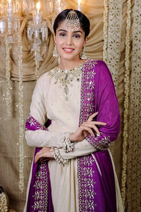 Foram Patel Ivory Crepe, Cotton Embroidery, Mirrors Boat Neck Phool Anarkali Set Online at Aza Fashions Foram Patel_Ivory Crepe, Cotton Embroidery, Mirrors Boat Neck Phool Anarkali Set_Online_at_Aza_Fashions