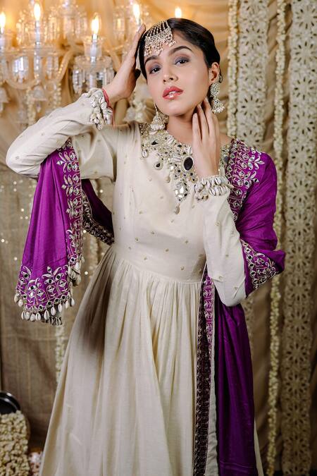 Buy Foram Patel Ivory Crepe, Cotton Embroidery, Mirrors Boat Neck Phool Anarkali Set Online at Aza Fashions Buy_Foram Patel_Ivory Crepe, Cotton Embroidery, Mirrors Boat Neck Phool Anarkali Set_Online_at_Aza_Fashions