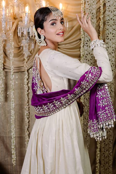 Foram Patel Ivory Crepe, Cotton Embroidery, Mirrors Boat Neck Phool Anarkali Set at Aza Fashions Foram Patel_Ivory Crepe, Cotton Embroidery, Mirrors Boat Neck Phool Anarkali Set_at_Aza_Fashions