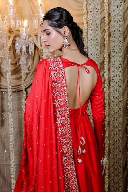 Shop Foram Patel Red Crepe Mirrors Boat Neck Gul Embroidered Anarkali And Dupatta at Aza Fashions Shop_Foram Patel_Red Crepe Mirrors Boat Neck Gul Embroidered Anarkali And Dupatta _at_Aza_Fashions