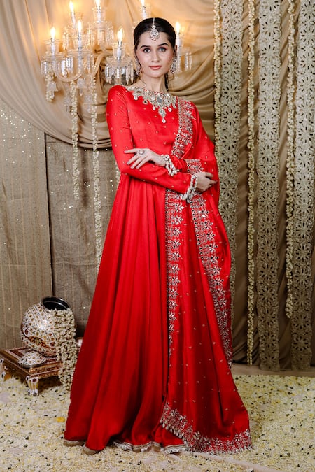 Foram Patel Red Crepe Mirrors Boat Neck Gul Embroidered Anarkali And Dupatta Online at Aza Fashions Foram Patel_Red Crepe Mirrors Boat Neck Gul Embroidered Anarkali And Dupatta _Online_at_Aza_Fashions