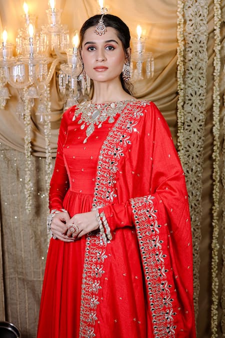 Buy Foram Patel Red Crepe Mirrors Boat Neck Gul Embroidered Anarkali And Dupatta Online at Aza Fashions Buy_Foram Patel_Red Crepe Mirrors Boat Neck Gul Embroidered Anarkali And Dupatta _Online_at_Aza_Fashions