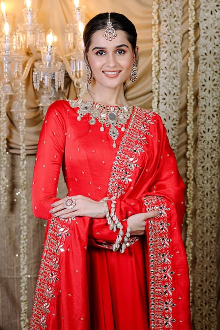 Shop Foram Patel Red Crepe Mirrors Boat Neck Gul Embroidered Anarkali And Dupatta Online at Aza Fashions Shop_Foram Patel_Red Crepe Mirrors Boat Neck Gul Embroidered Anarkali And Dupatta _Online_at_Aza_Fashions