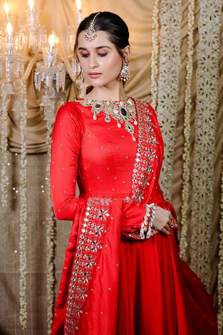 Foram Patel Red Crepe Mirrors Boat Neck Gul Embroidered Anarkali And Dupatta at Aza Fashions Foram Patel_Red Crepe Mirrors Boat Neck Gul Embroidered Anarkali And Dupatta _at_Aza_Fashions