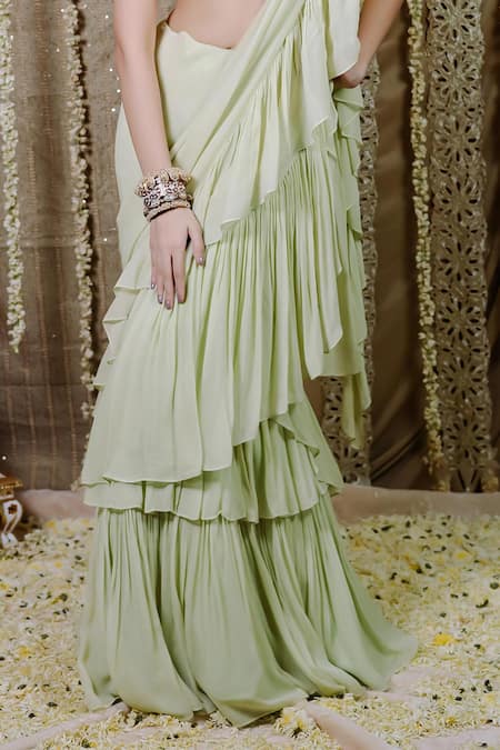 Foram Patel_Green Net, Georgette Sequins, Pre-draped Ruffle Saree And Embellished Blouse_Online_at_Aza_Fashions
